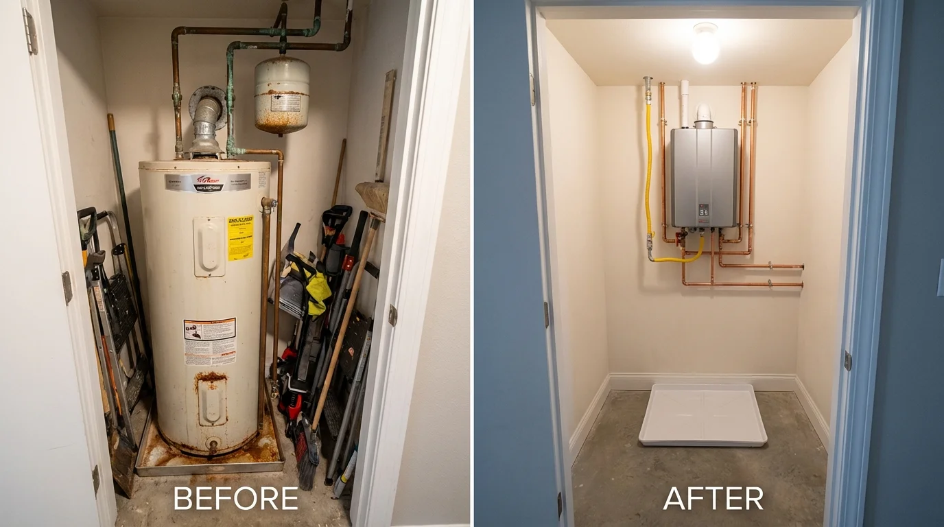 Tank water heater versus wall-mounted tankless unit comparison for Stanley, WI homeowners